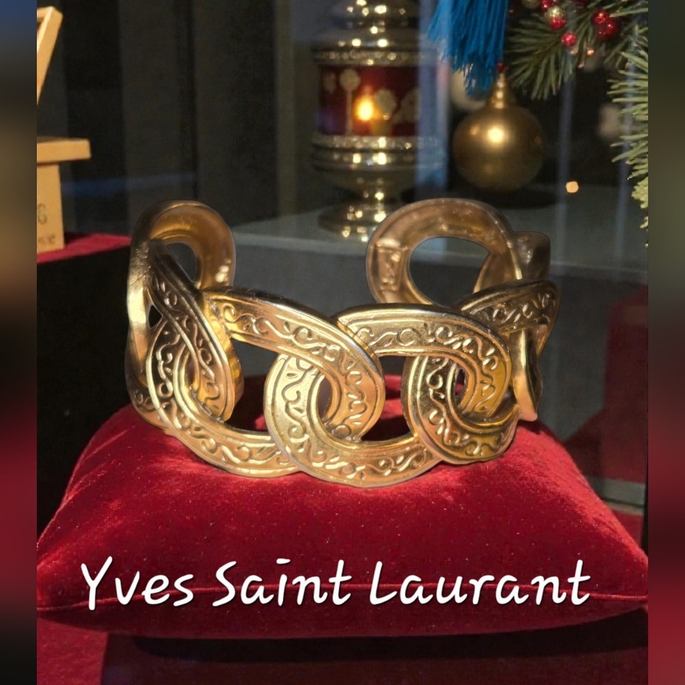 Vtg YSL Yves Saint Laurant Heavy Gold Cuff Bracelet